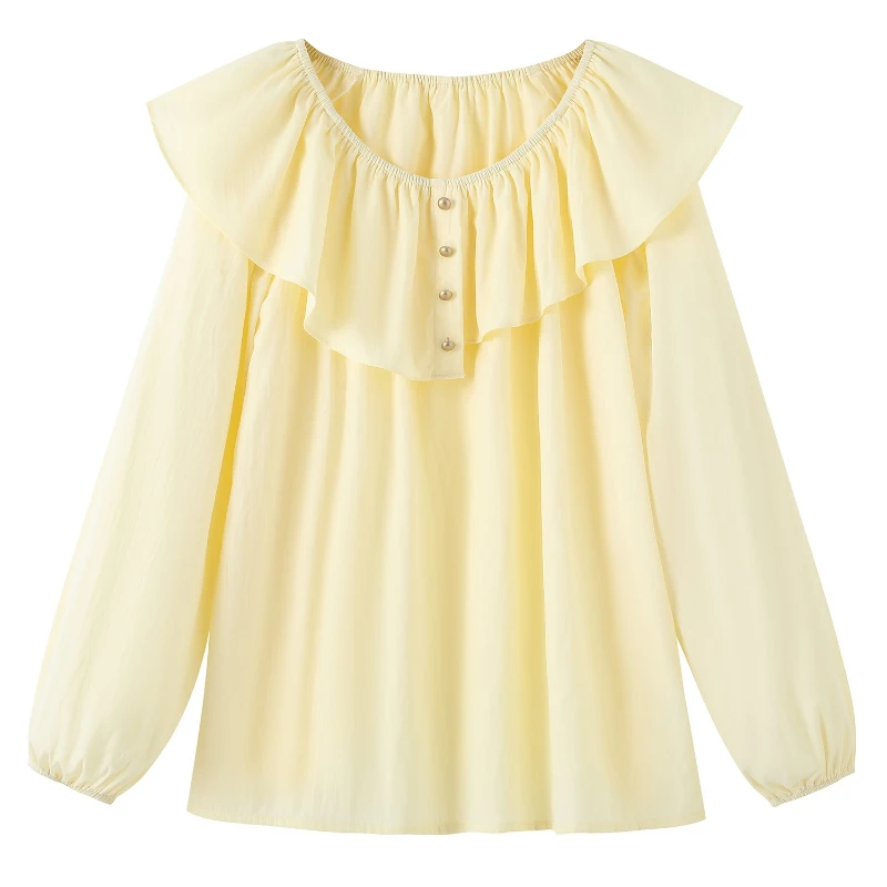 

2025 Ladies Spring Autumn Plus Size Blouses for Women FrenchLarge Size Long Sleeve O-neck Solid Color Loose Ruffle Shirt