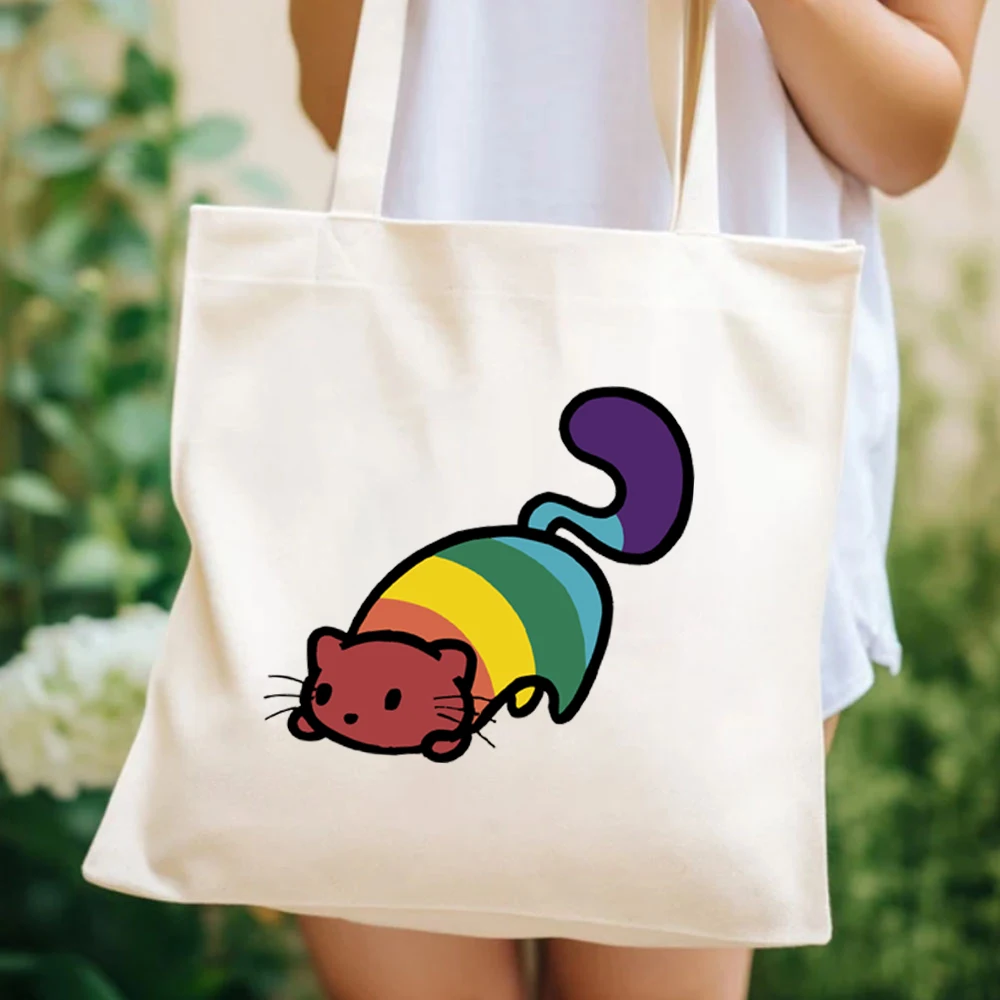 Tas Tote Purride kucing pelangi Super lucu bendera LGBT Gay Pride bulan motif Lesbian tas bahu wanita tas kanvas kapasitas besar