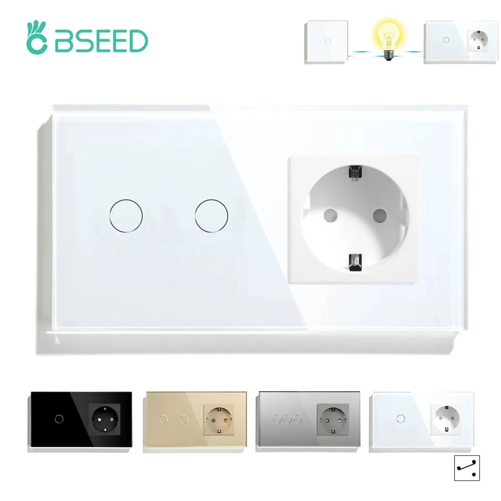 BSEED 1/2/3Gang 2way Touch Switch With EU Wall Socket Crystal Glass Panel Stair Wall Light Switches Backlight plus Power Socket