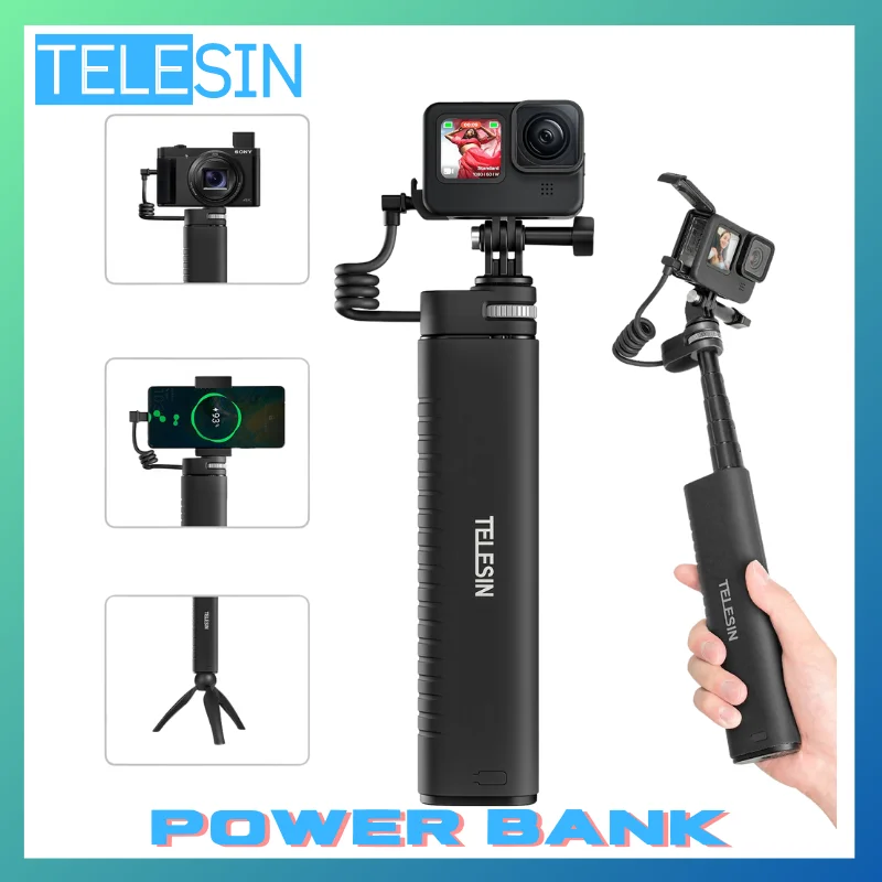 TELESIN قوة البنك Selfie عصا 10000mAh قابلة للشحن مع USB-C كابل شحن ل GoPro Insta360 عمل كاميرا الهاتف الخليوي