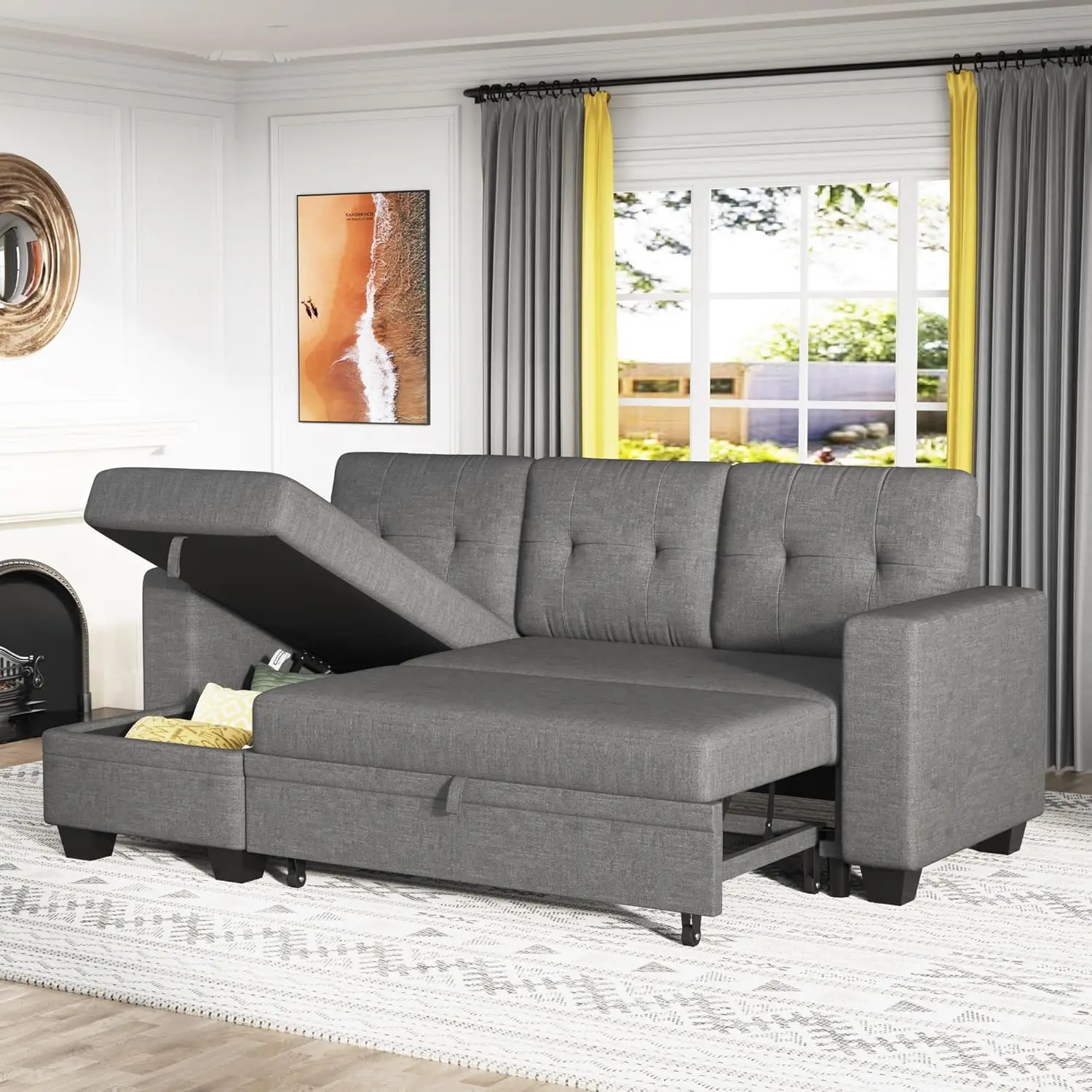 Furmax Sleeper Sofa, Sofa Bed L Shaped Sectional Couch With Reversible Storage Chaise Lounge, Modern Fabric Pull Out Couch &