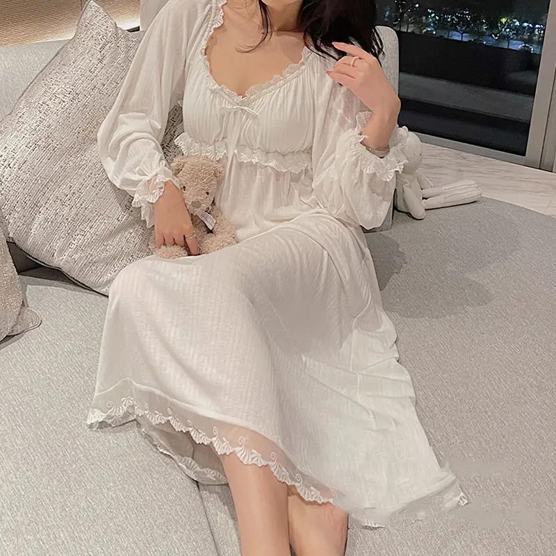 Women Nightgowns Lacework Gentle Nightie Square Collar Retro Elegant Draped Calf-length Sleepwear Cozy Long Sleeve Nightdress