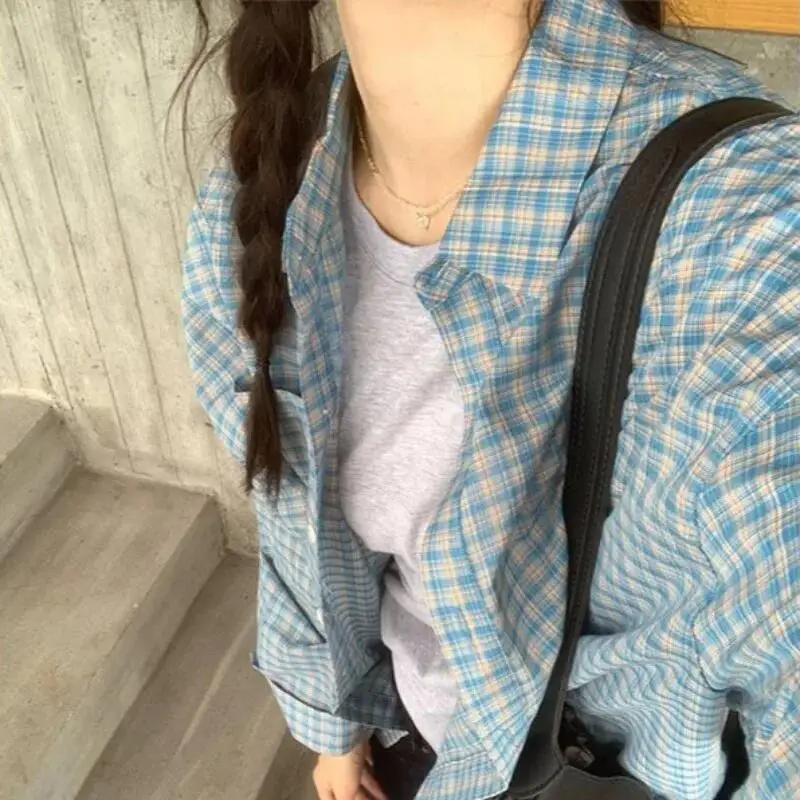 

Y2K American Retro Plaid Shirt Women Long Sleeve Loose Turn-Down Collar Button Up Blouse Spring Autumn Chic Tops