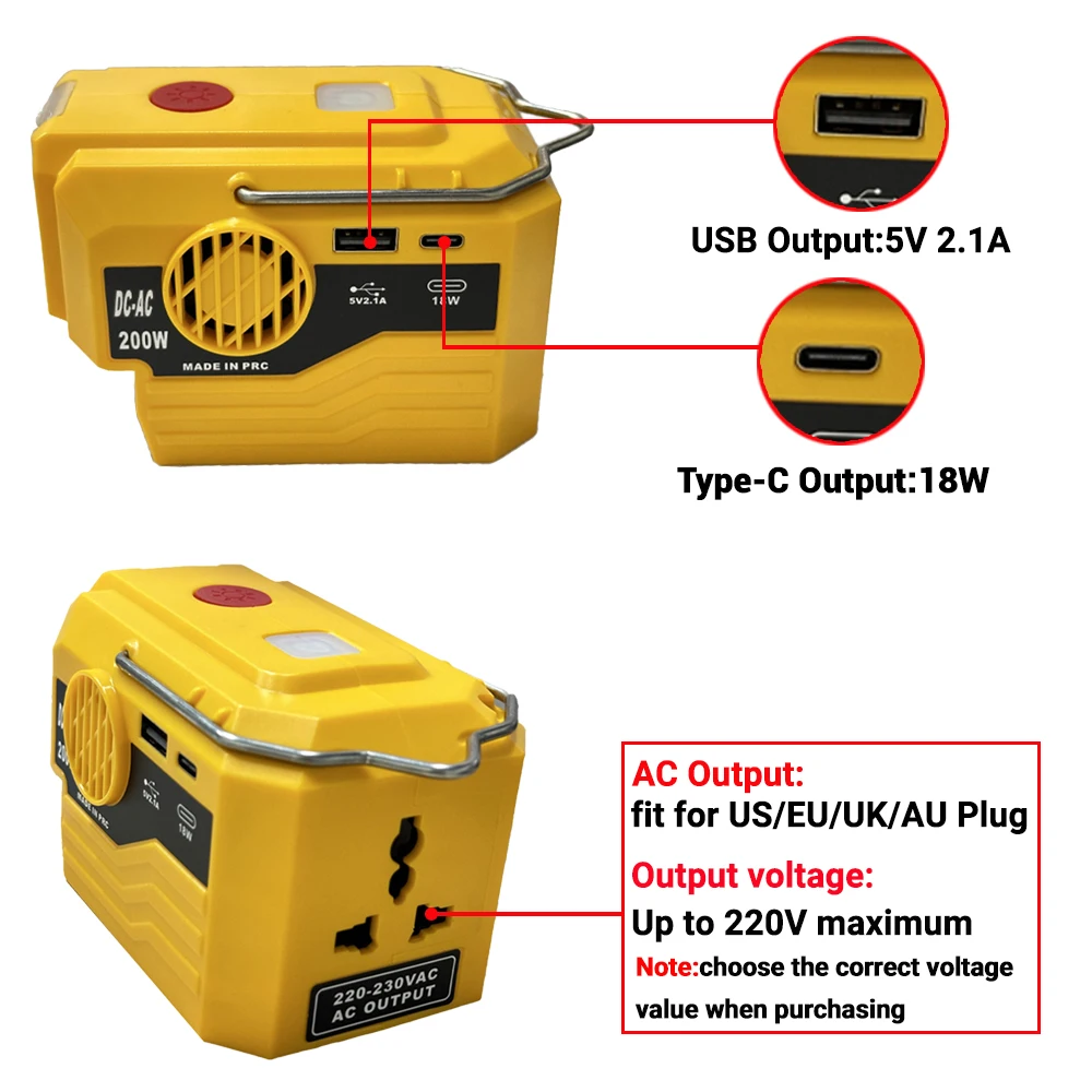 200W Power Inverter with LED Work Light for Dewalt 20V 18V Li-ion Battery,DC 20V To AC 110V/220V Modified Sine Wave Inverter