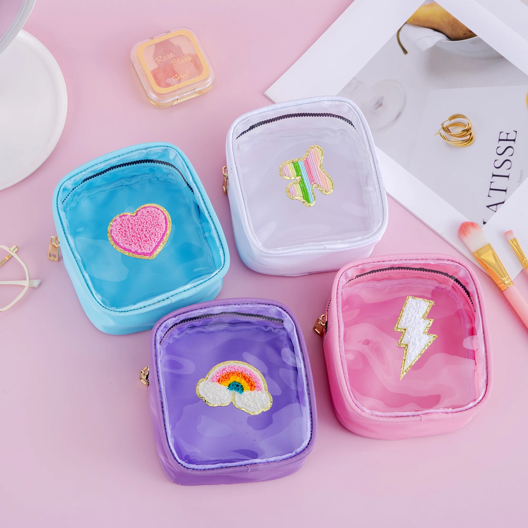 Cute Women Girls Mini Waterproof Preppy Chenille Heart Lightning Rainbow Plane Patch Clear PVC Travel Cosmetic Bag Makeup Pouch