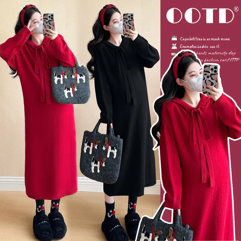 فستان حمل شتوي 2026 مع غطاء محرك السيارة وفيونكة فستان سترة منسوج لعيد الميلاد ، أنيق بحورية البحر فستان الحمل بالجملة