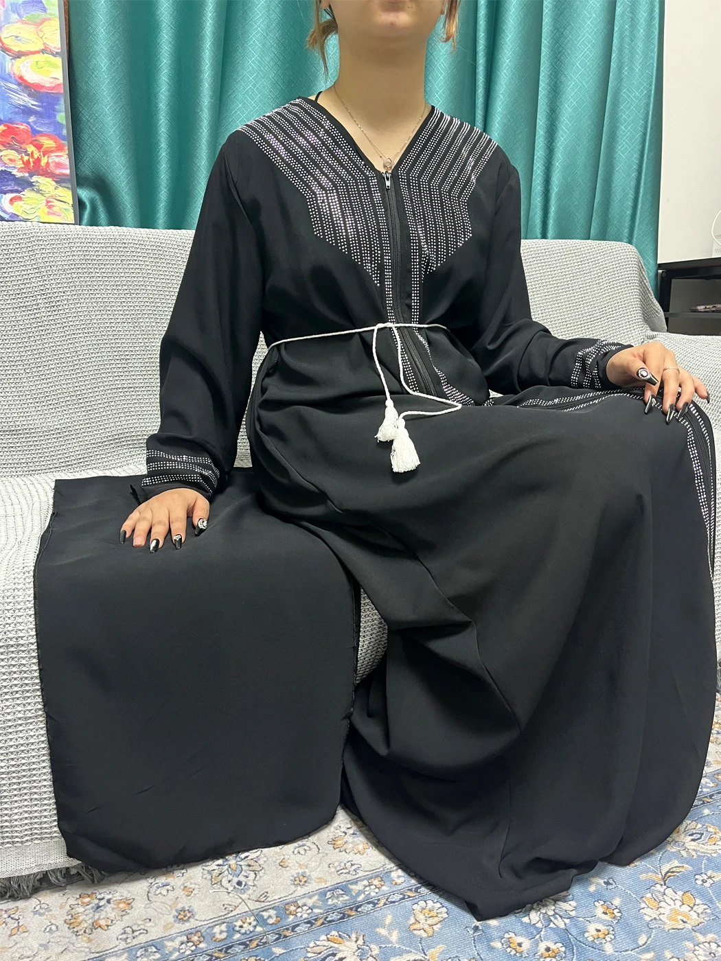 Abayas en mousseline de soie pour femmes musulmanes, ensembles de Ramadan pour femmes, incrusté de diamants, document solide, robe synthétique,