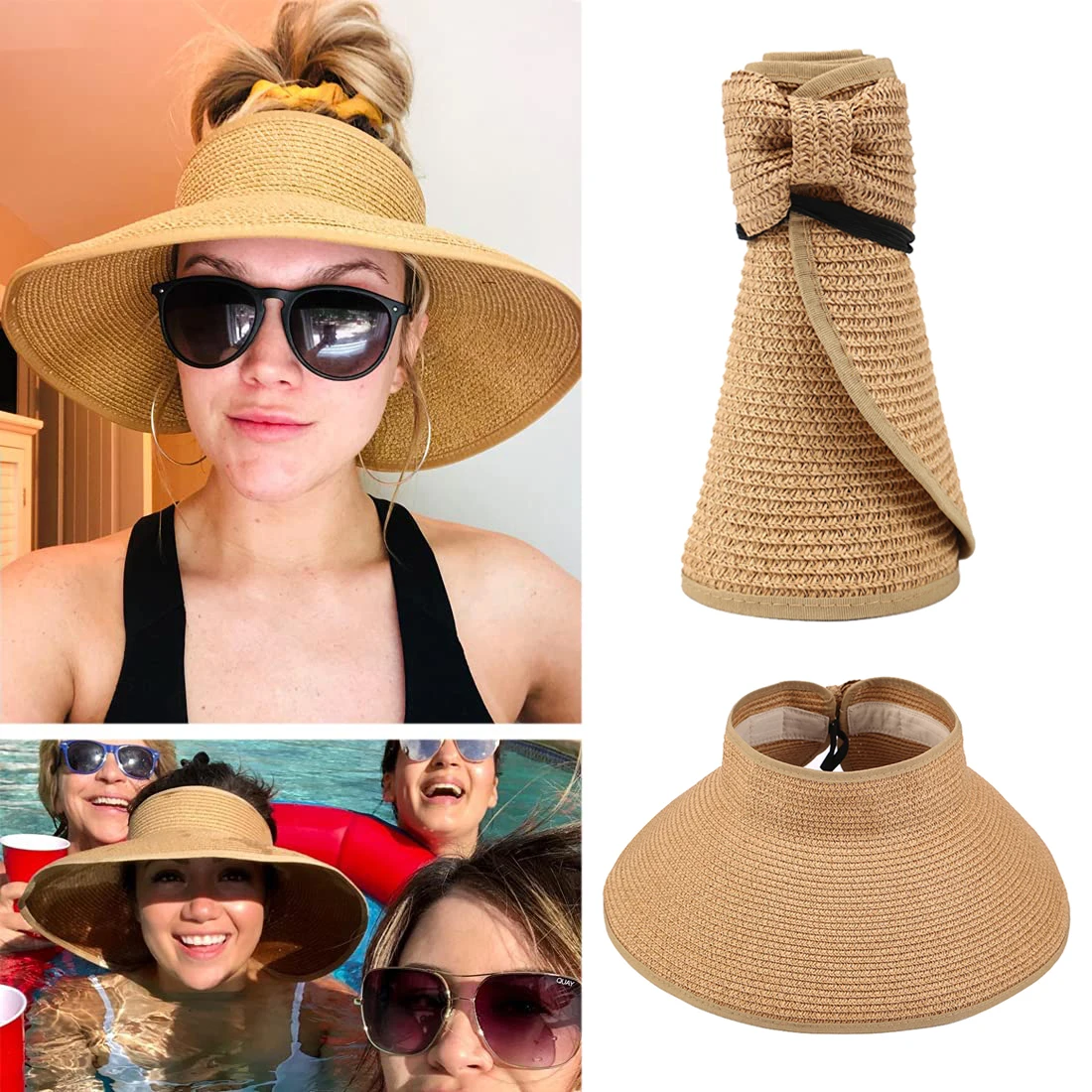 2023 New Women Roll Up Sun Visor Wide Brim Straw Hat Summer Foldable Packable UV Protection Cap for Beach Travel Bonnet