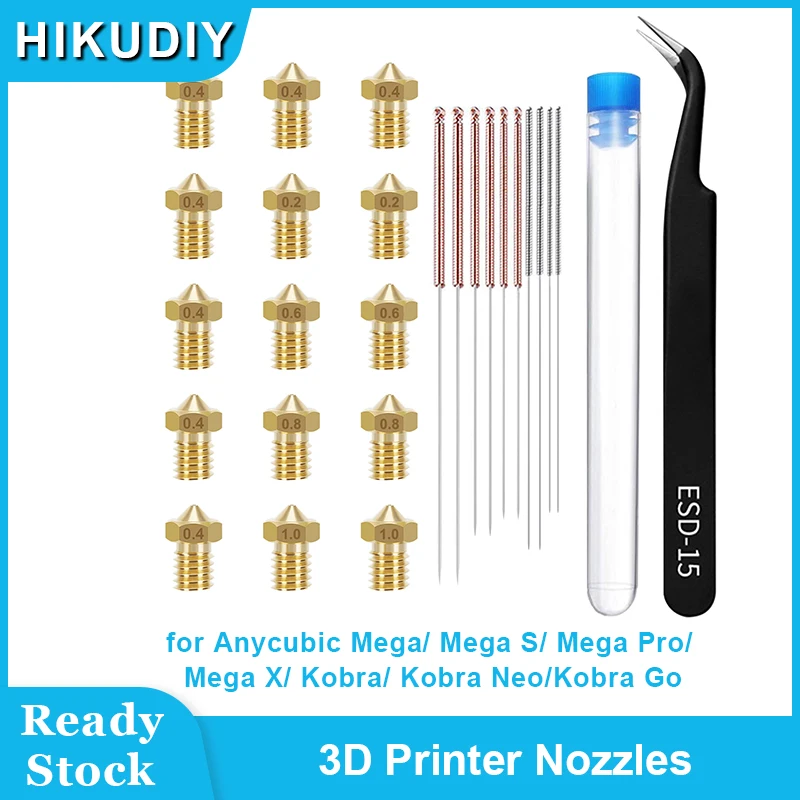 HIKUDIY-Kits de boquillas de latón volcánico, 15 piezas, para impresora 3D Anycubic Mega S Mega Pro Mega X Kobra Neo Kobra Go