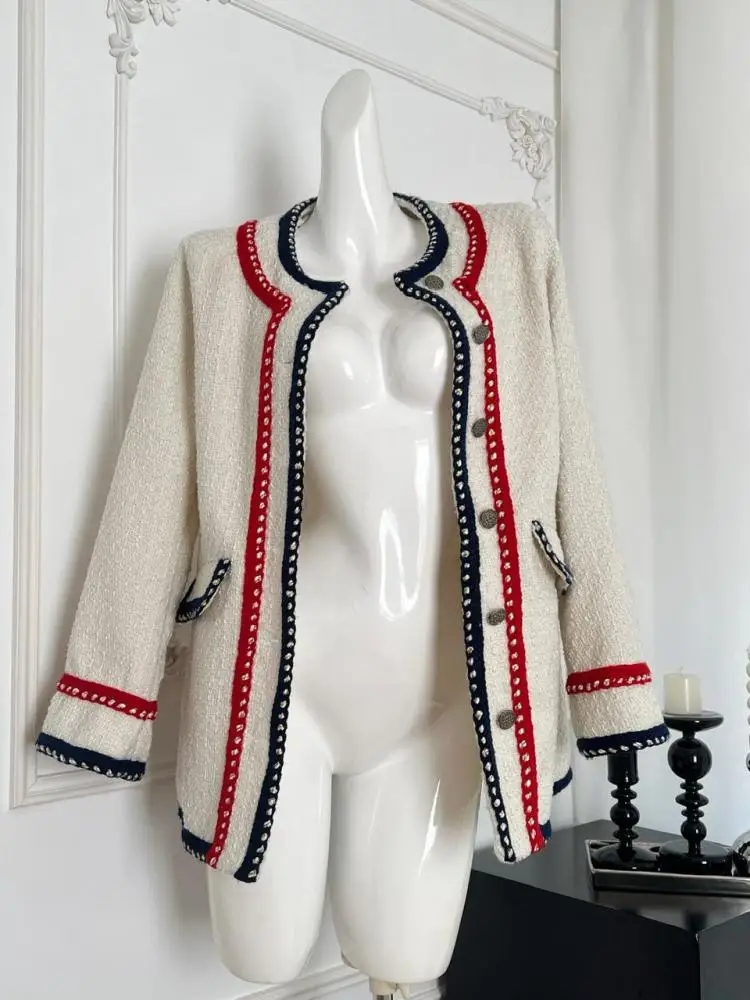 

Retro Beige Patchwork Round Neck Woolen Coat Women Long Sleeve Thick Single Breasted Jacket 2024 Autumn Winter Casual Ladies Y2k