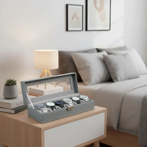 Imagen 2 del producto Caja para relojes de 6 ranuras con cerradura y espejo incorporado - Organizador de relojes de piel sintética gris con forro protector suave