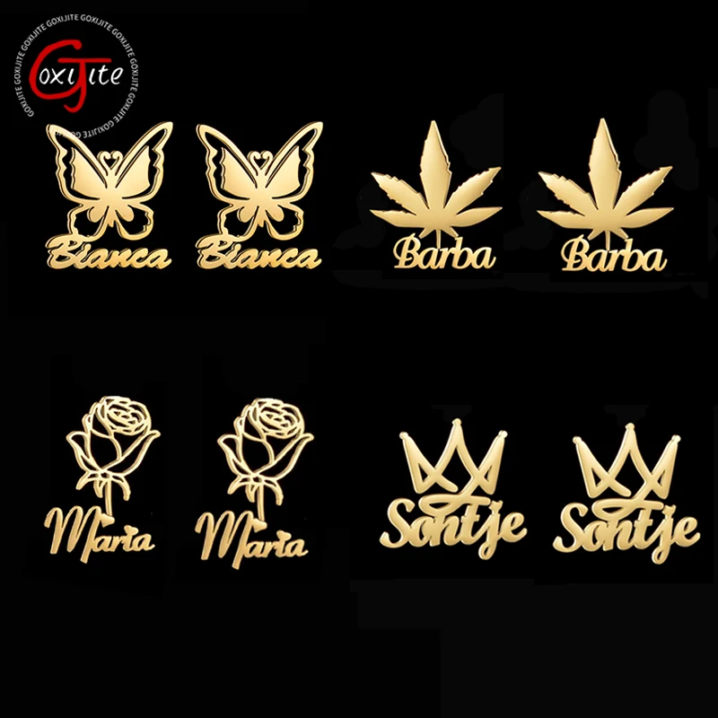 Goxijite Customized Names  Earrings For Girls Women Stainless Steel Personalized Butterfly Crown Earrings Party  Jewelry Gifts