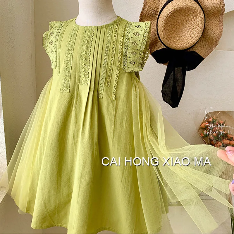 New Summer Princess Girls Dress Sleeveless Lace Mesh Dress For 2-9 Years Old Kids Children Birthday Present Clothes