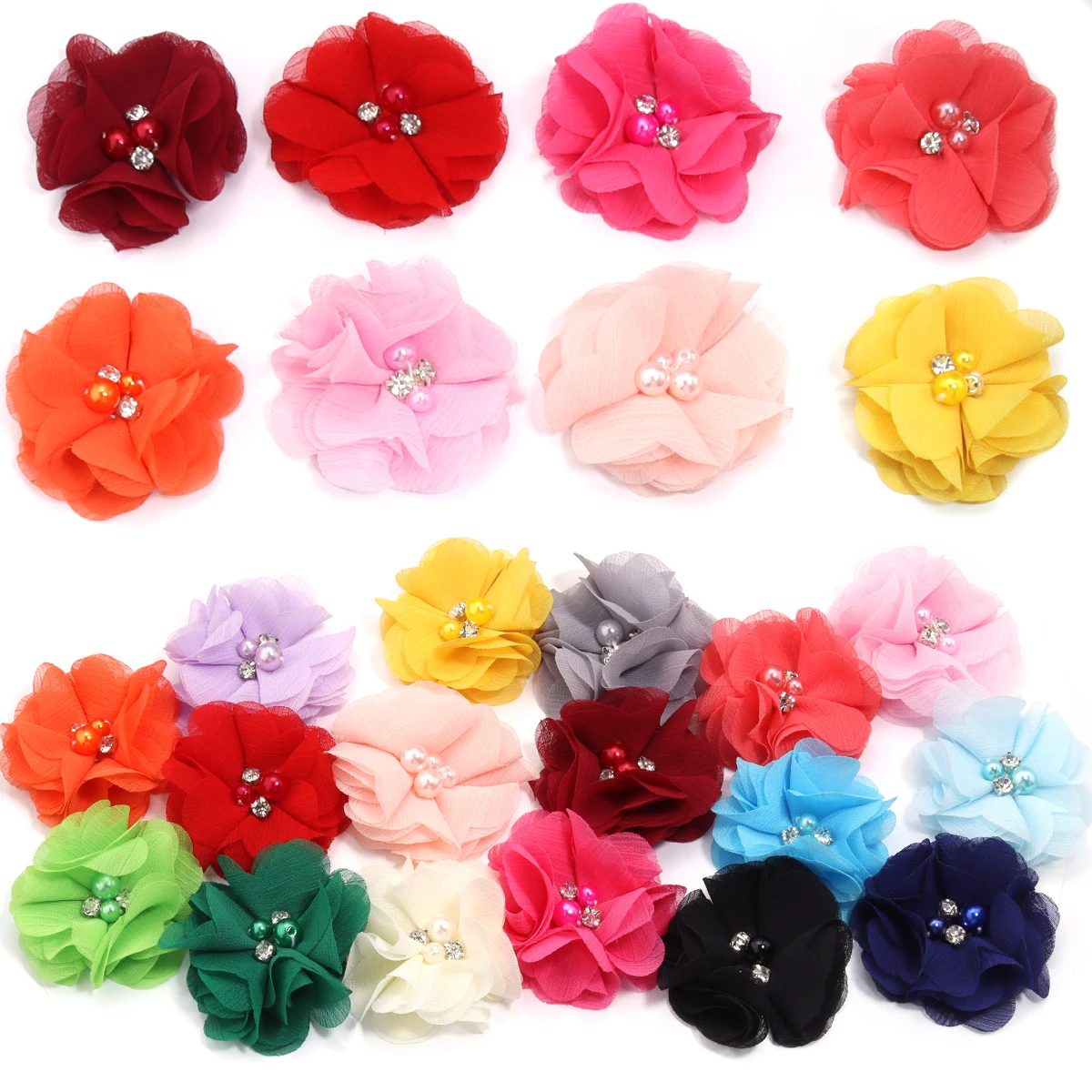 4pcs/lot 6cm Imitation Pearl Rhinestone Chiffon Fabric Flowers Handmade Artificial Flowers For Clothing Hairclip Decoration