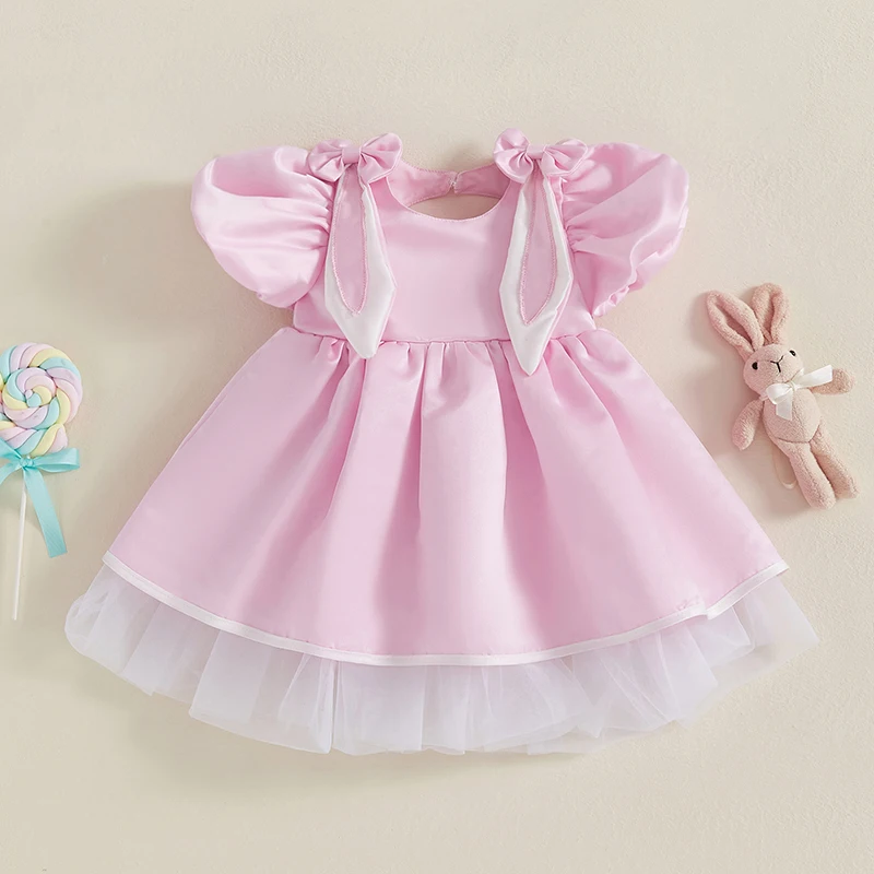 Kids Girl’s Easter Dress Solid Color Puff Sleeve Crew Neck Bow Bunny Ears Summer A line Dress Clothes