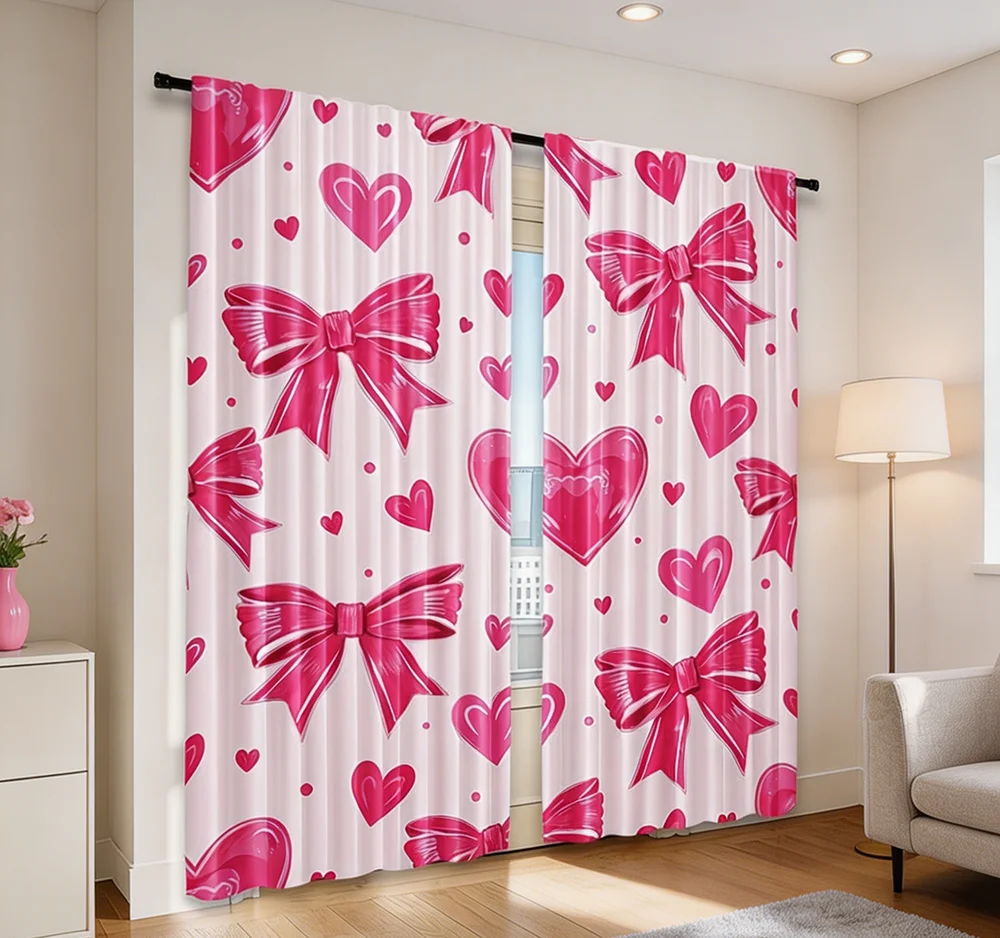 2PCS Digital Printed Curtains, Pretty Girl Pink Bow Pattern, Beautiful Window Drapes for Living Room Bedroom Home Decor