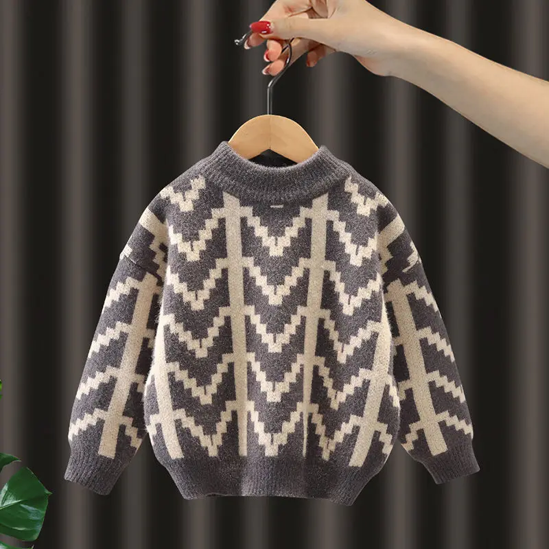 2026 Boys Sweater 6 5 10 12 Years Autumn/Winter Children's Fashion Thickened Pullover Round New Neck Sweater Korean Version Knit