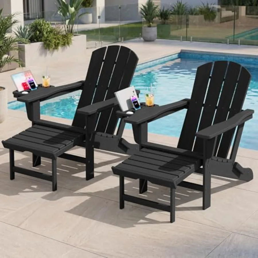 Outdoor HDPE Adirondack chair with adjustable folding design, black color, integrated footrest and 4-in-1 multi-functional armr