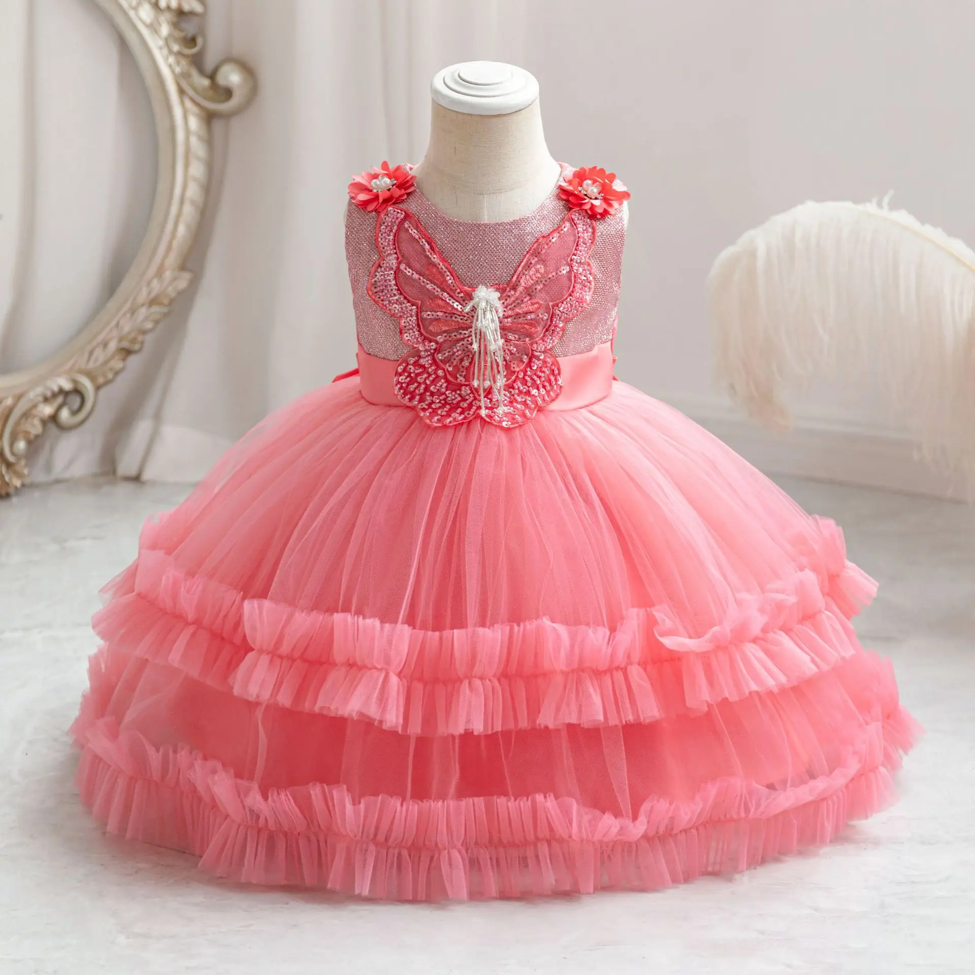 Baby Toddler senza maniche farfalla Appliqued Flower Girls Birthday Party Pageant Toddler Formal Dress TT103