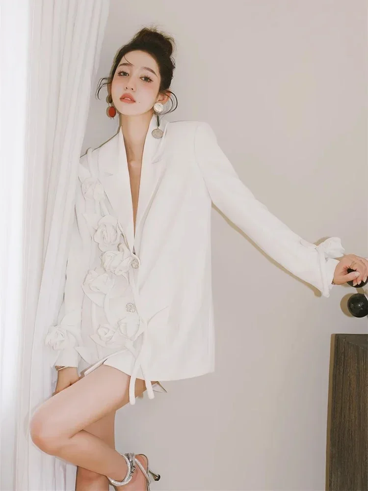 Fashion Party Loose-fit Blazer for Women French Style White Three Dimensional Flower Design Contours in 2024 luxury blazer mujer