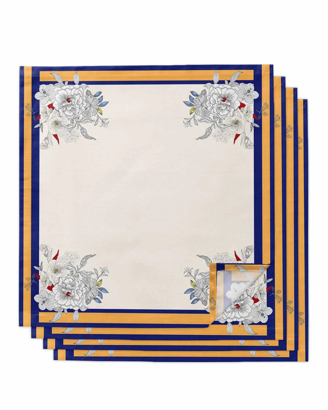 フラワーストライプテーブルナプキンセット、ディナーハンカチ、結婚披露宴用タオルクロス、宴会、青、4個