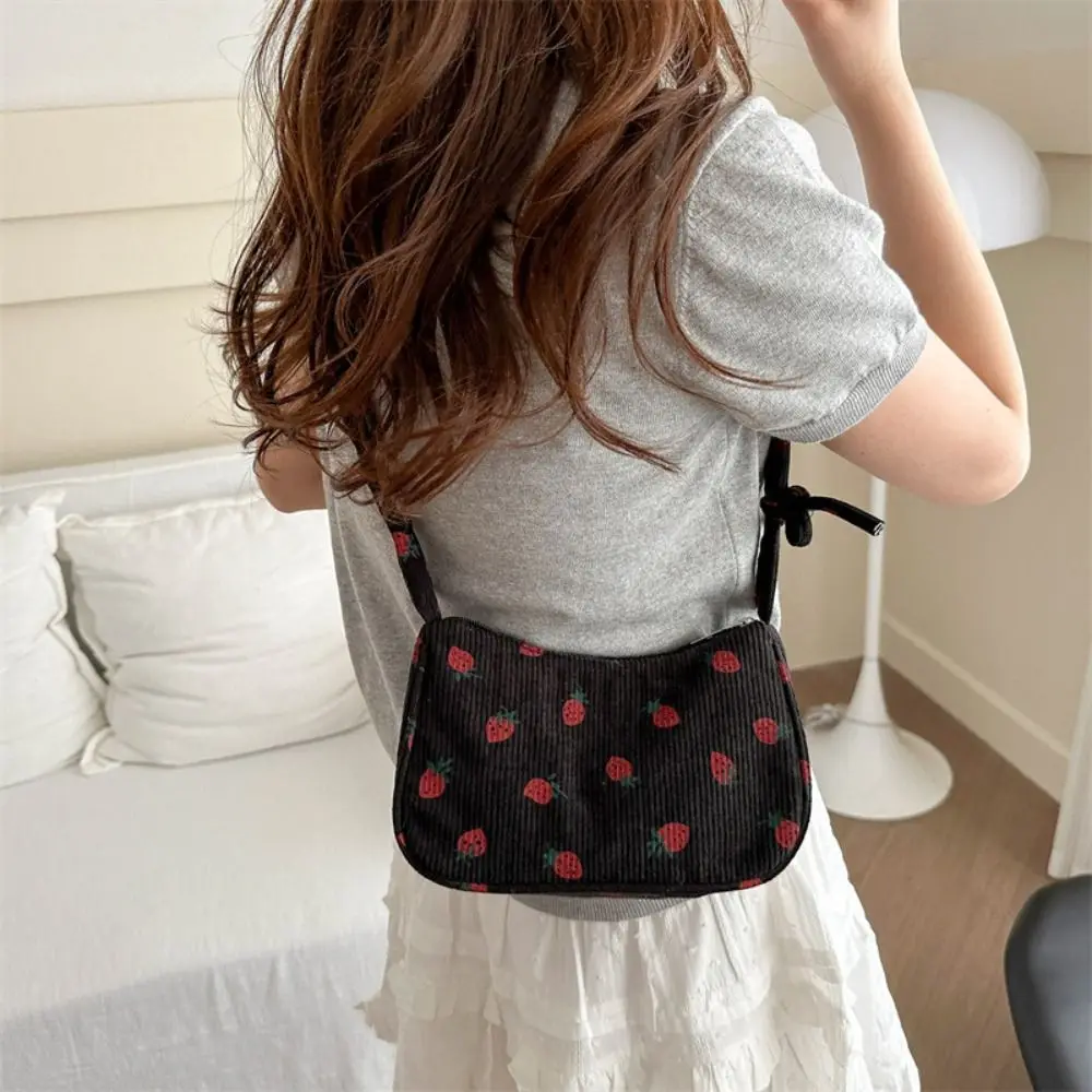 Fashion Korean Style Strawberry Printing Shoulder Bag Sweet Fruit Corduroy Tote Bag Leisure All-match Handbag Daily image 4
