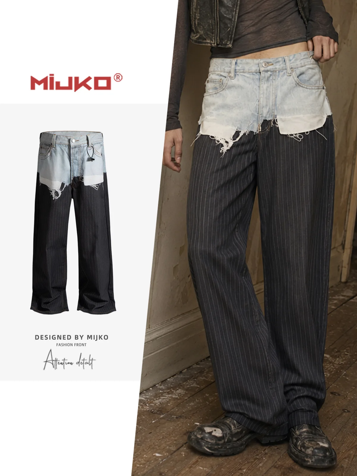 MIJKO Straight Leg Vertical Stripe Casual Long Pants Layered Destroyed Printed Pants ZJ163