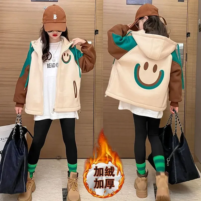 2025 Herbst Winter Sweatshirt Hoodie Kinder Teenager Reißverschluss Kind plus Samt Mädchen Kleidung Modetrend Jacke Mantel 8 10 12 Jahre