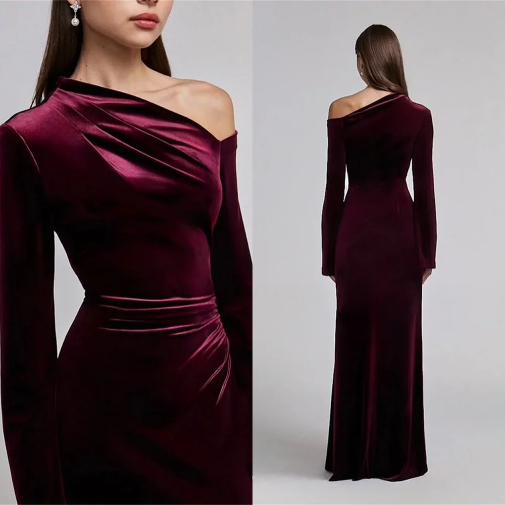 

Customized Modern Burgundy Velour Evening Dress Classic Long Sleeves Homecoming Dress Luxury Sweep Train Vestido De Festa