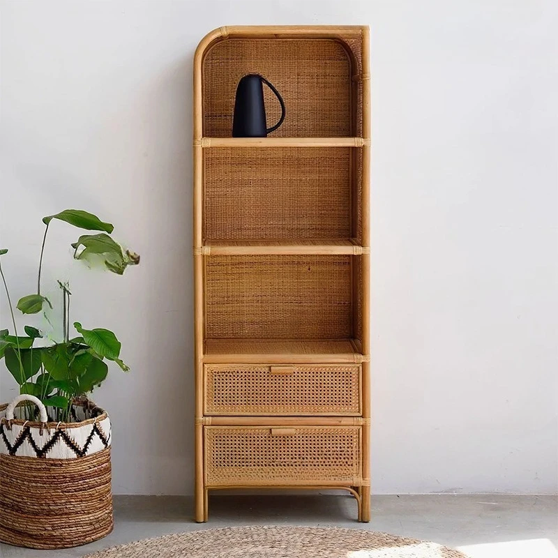 Rattan Bookshelf Handmade Simple Shelf Drawer Storage Rack Rattan Woven Japanese Rack