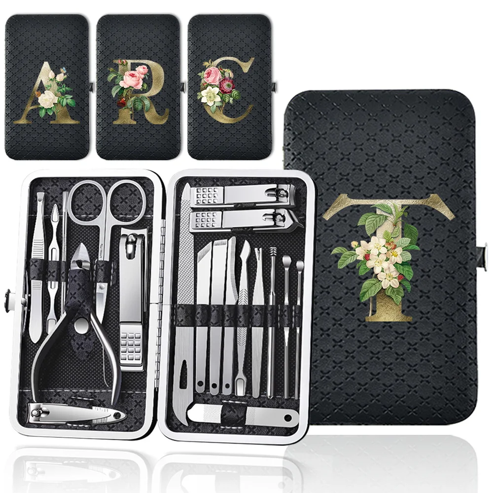 

19 Pcs Nail Clippers Set Storage Box Multifunctional Nail Clippers Set Home Essentials Pedicure Kit Golden Flower Letter Pattern