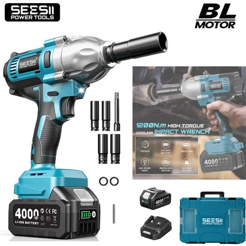 SEESII 1200N.m Electric Impact Wrench Brushless 1/2" High Torque Handheld Cordless Impact Gun Tool Kit LED Light 6 Socket