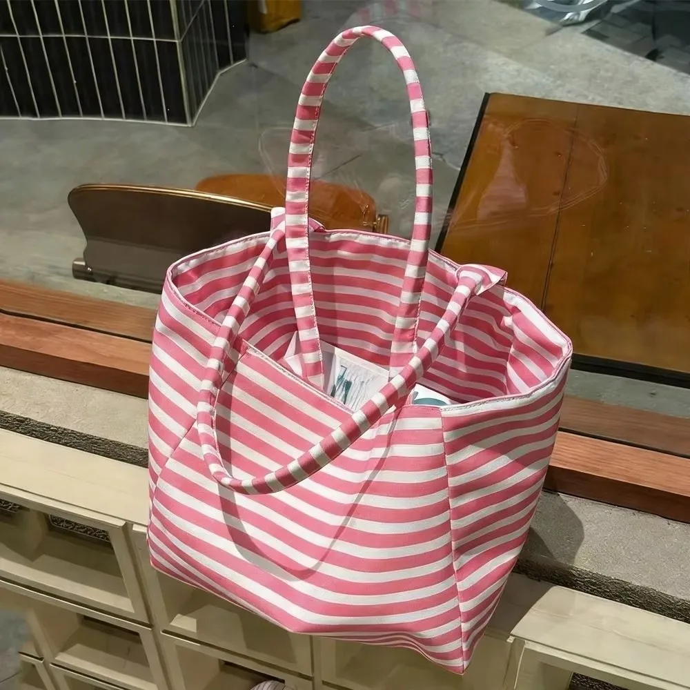 Y2K Large Capacity Canvas Tote Bag Pink Lightweight Shoulder Bag Reversible Thin Thick Striped Handbag Commute
