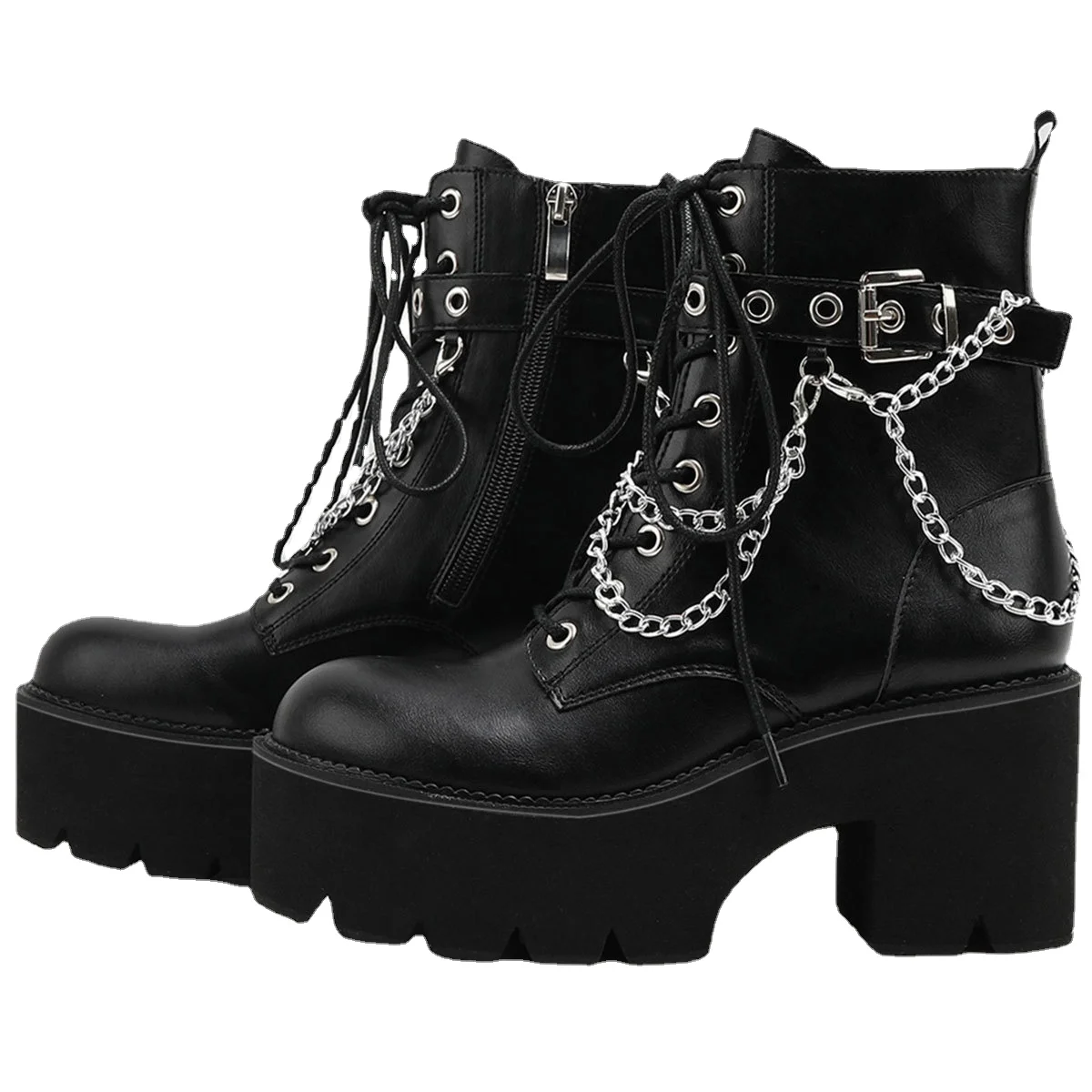 

Brand Punk Goth Platform Motorcycle Boots Platform Women's Boot Lace Up Trendy INS Hot Sale Chain Casual Luxury Women's Shoes