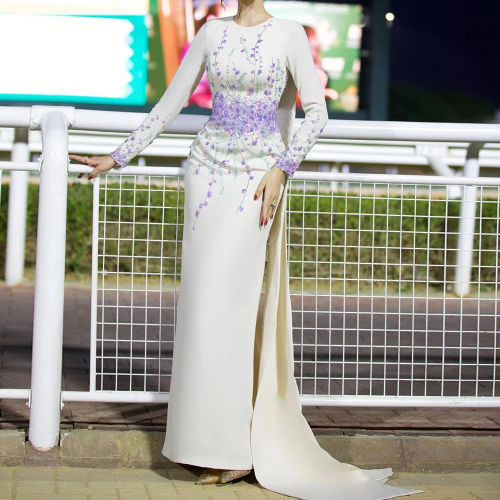 Women's A-line Evening Dresses Floor-length O-neck Full Sleeve Prom Gown Fashion Flowers Sequined Simple Draped Customized Gowns