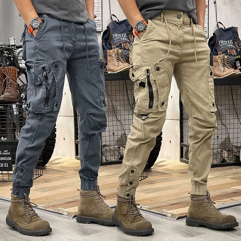 Pantalones de trabajo de Hip-hop Retro para hombre, pantalones de cintura elástica con cremallera, Bolsillo grande Simple, con cordones, estilo