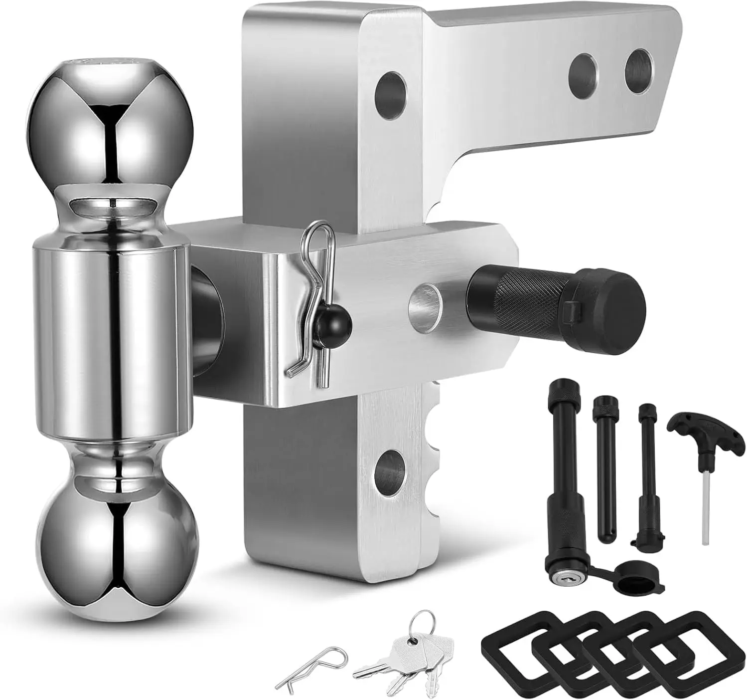 

Adjustable 2' Trailer Hitch, 12,500 LBS GTW, Rotatable Ball, 6' Drop/Rise, Aluminum, Anti-Theft Pin, Silver