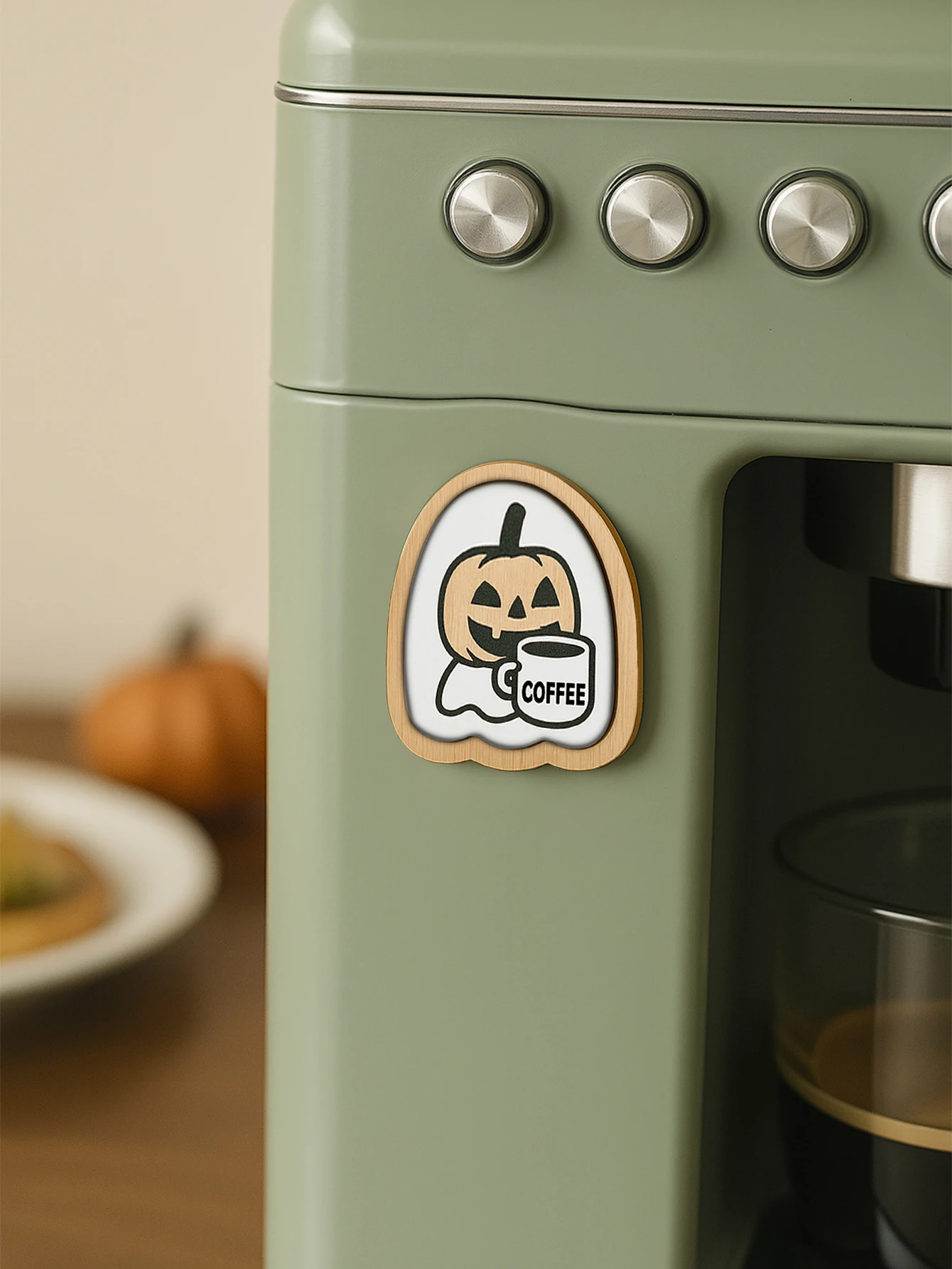 Halloween Wooden Stickers Cute Ghost/Pumpkin/Bat with Coffee Cup Design Fridge and Coffee Machine Decor for Kitchen & Coffee Bar view 4