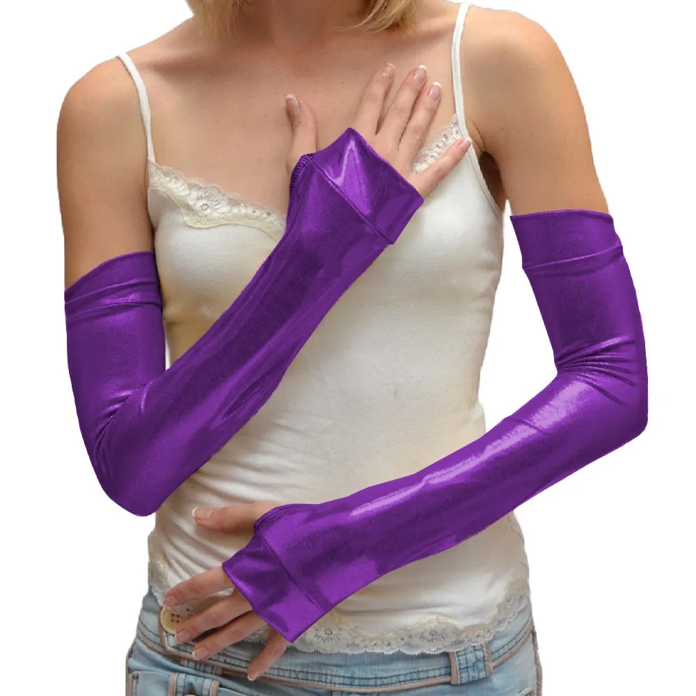 Fashion Fingerless Shiny Metallic Long Gloves Halloween Dress Up Cosplay Accessory Club Sexy Elbow Length Wetlook Stretch Gloves