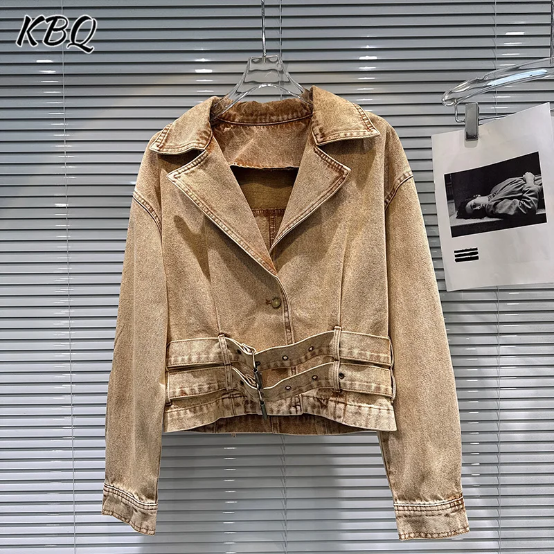 

KBQ однотонные сращенные ремни, шикарные повседневные туники, пальто для женщин, ковбойская куртка с длинными рукавами и лацканами, короткое пальто, женская мода, осенняя новинка