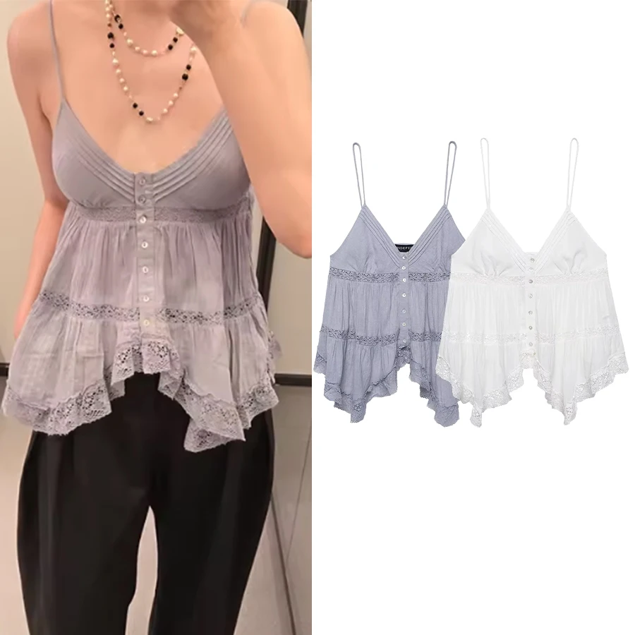 Women Strappy Embroidered Top Spring Summer Women Romantic Holidays Lace Suspender Top Fashion Female High Street Trendy Tops