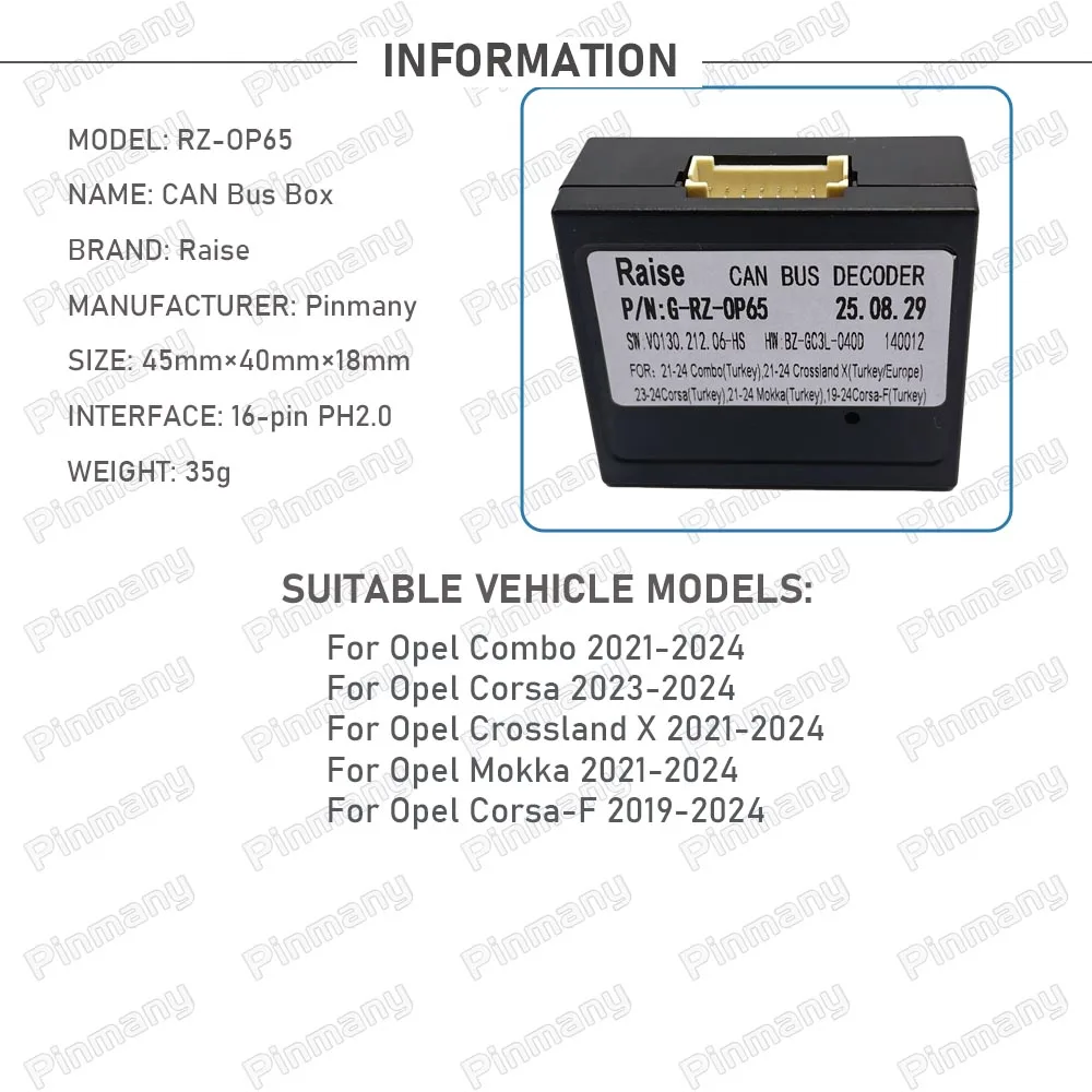 Pinmany Car Radio CAN Bus Decoder RAISE G-RZ-OP65 16-pin black box for Opel Combo Corsa Crossland X Mokka Corsa-F