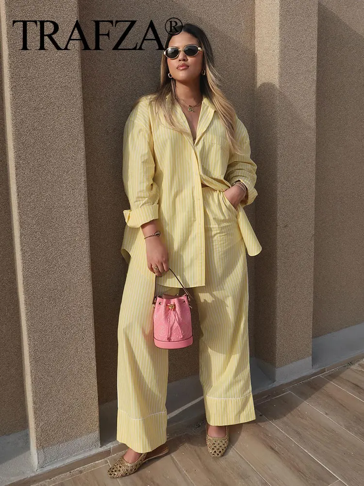 TRAFZA Summer Fashion Yellow Striped 2 Piece Pants Set Long Sleeves Lapel Blouse+Drawstring Straight Pants Female Causal Suit