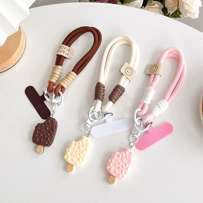 Cute Ice Cream Pendant Mobile Phone Rope Wrist Strap Thickened Woven Anti-loss Phone Lanyard Hand Chaining with Patch