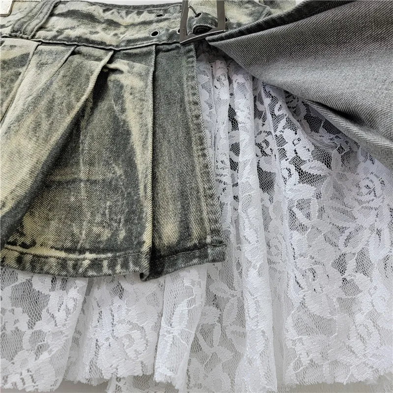 GALCAUR Hit Color Spliced Lace Irrgular Mini Skirts for Women High Waist Patchwork Folds Fashion Cowboy Skirt Female Clothing