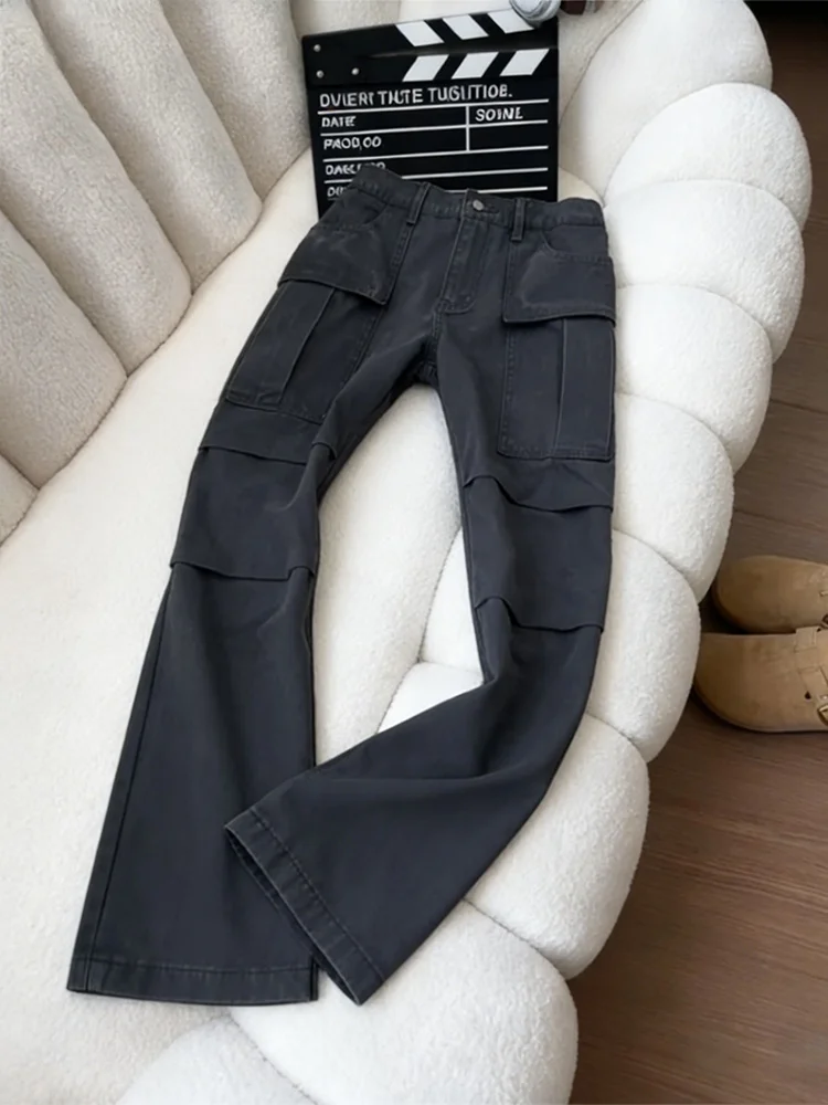 

American Sle Pleated Multi-ket Pure Cotton Denim Jeans High Waist Slimming Cleanfit Straight Leg Logging Work Pants