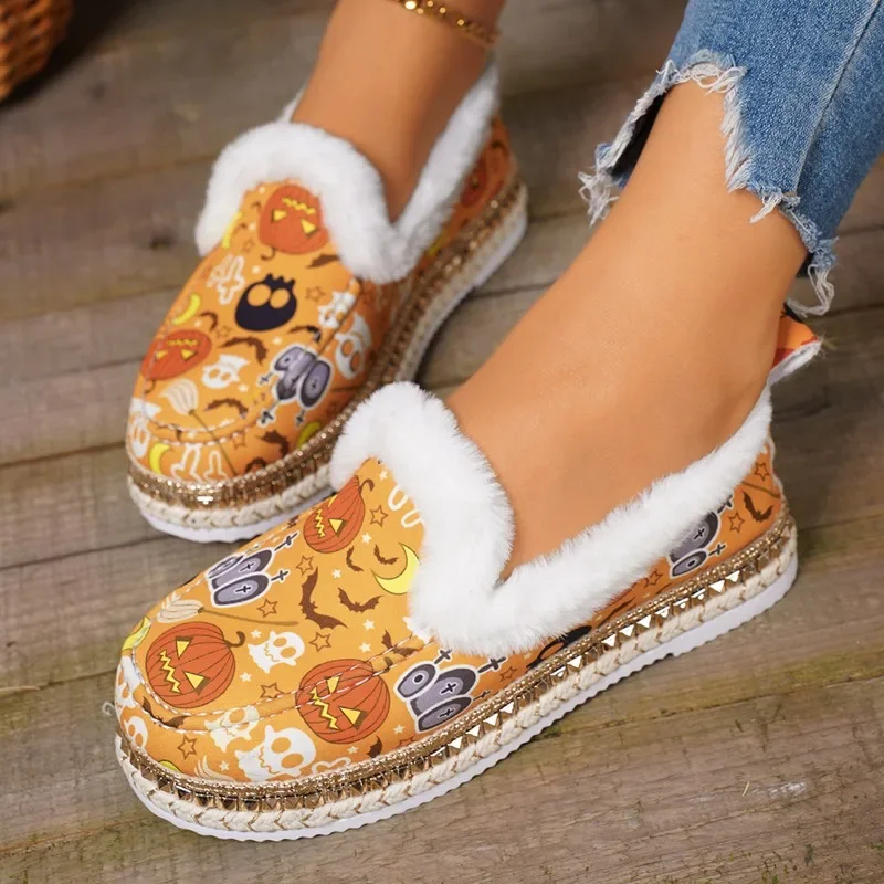 Halloween Flats Women Shoes Random Print Fur Warm Loafers 2025 New All Saints' Day Party Casual Cozy Cotton Shoes Mujer Zapatos