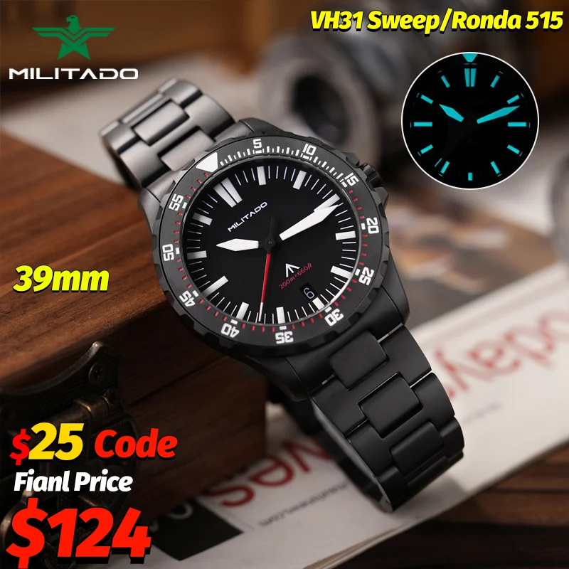 Montre à quartz noir Militado Ml16 PVD VH31 ou Ronda 515, montres vintage pour hommes, saphir, étanche 20 bars, lumineuse, montre-bracelet 39 mm