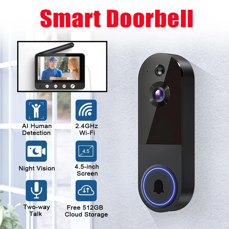 

Умный видеодомофон с Wi-Fi, двусторонней аудиосвязью, видеокамерой 1080P, ночным видением, датчиком движения PIR и функцией домофона