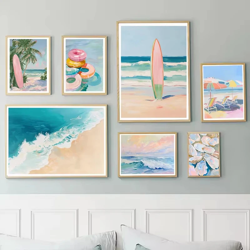 Pink Watercolor Summer Ocean Waves Seascape Poster Print Oyster Shell Beach Umbrella Surfing Canvas Paintings Picture Home Decor